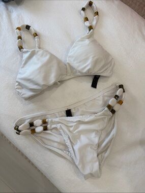White Beaded-Strap Triangle Bikini Set